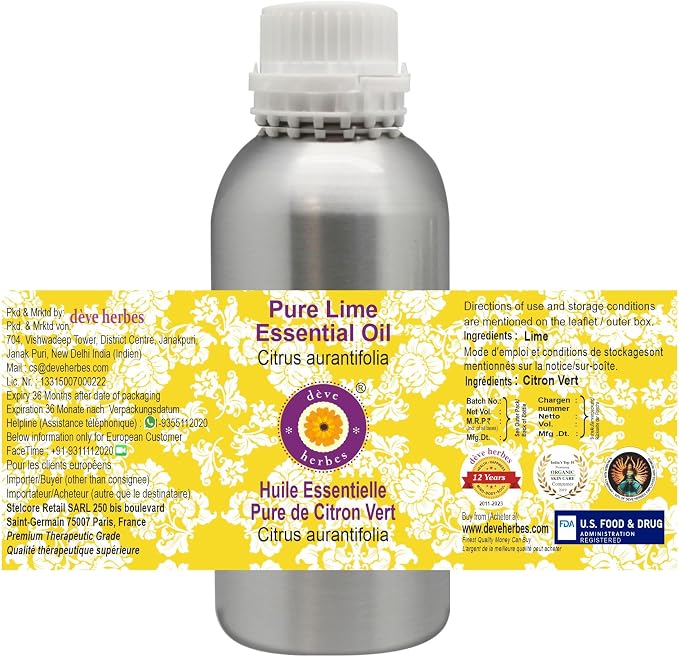 Deve Herbes Pure Lime Essential Oil (Citrus aurantifolia) Steam Distilled 300ml (10 oz)