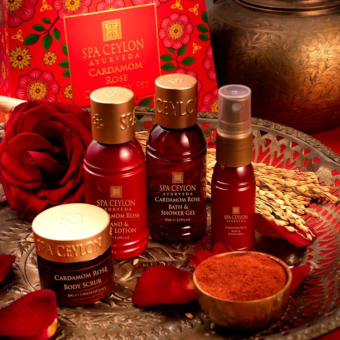 Spa Ceylon Ayurveda Cardamom Rose Discovery Set – 4-Piece Natural Uplifting Spa Gift Set with Himalayan Rose & Organic Ceylon Cardamom - Bath Gel, Body Lotion, Pillow Mist & Scrub