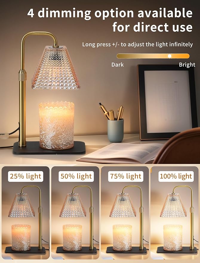 Candle Warmer Lamp with Timer & Dimmer, 2 Bulbs, Height Adjustable, Fit All Size Jar Scented Candles, Safe Aromatherapy Light for Sleep, Work, Yoga, Bedroom, Office, Gift (Champagne Pyramid)