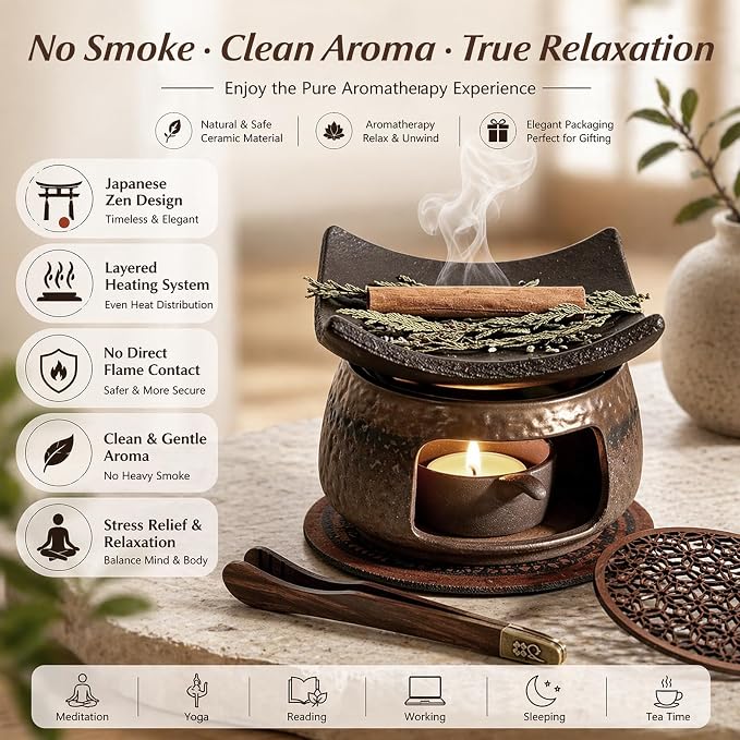 Cedar and Zen Herb Burner Kit, 1250°C High-Fired Aromatherapy Burner Set | Japanese Style, 6-Piece, With Tea Light Holder & Roof Tile, For Herbs & Cedar, Meditation, Yoga, Relaxation, Home Decor Gift