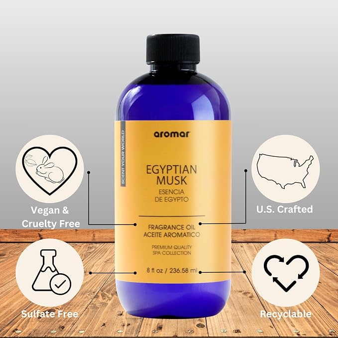 AROMAR Premium Fragrance Oil, Long-Lasting, Refreshing Uplifting Aroma for Aromatherapy, Relaxation & Household Uses. Egyptian Musk - 8oz