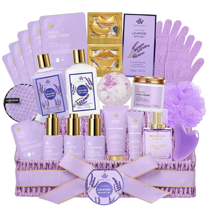 Gifts for Women, Gifts Basket for Women, 32 Pcs Lavender Bath and Body Gift Basket Set, Hydrating Facial Skin Care Gifts Set, Home Spa Self-Care Basket Set, Birthday Gift for Her, Anniversary, Wife