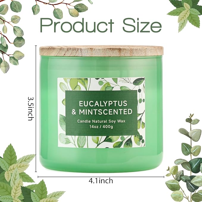 Eucalyptus & Mint Scented Candle - 3 Wicks 14 oz Soy Wax Candle, Christmas Relaxing Gift for Women and Men, Aromatherapy Candles for Stress Relief, Meditation, Yoga, SPA