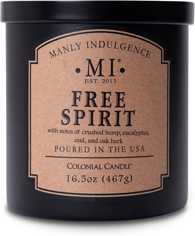Manly Indulgence Free Spirit Scented Candles for Men, 16.5 oz Single Wick, Premium Soy Blend Wax, 60H Burn, Candles for Home Scented – Made in The USA