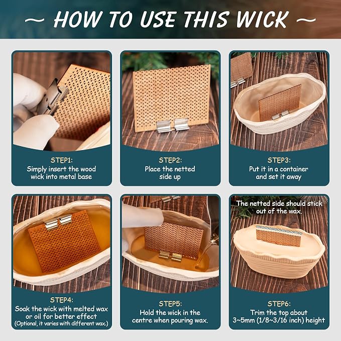 6 Set Large Wood Candle Wick Grid Design Large Wooden Wick 2.7x2.4inch / 70x60mm (Width*Height), Natural Crackling Wood Wick Core with Iron Stands for Soy Candle Making Candles Supplies