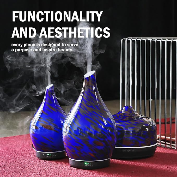 Porseme 280ml Essential Oil Diffuser Hand-Blown Glass Aroma Diffusor, Aromatherapy Unltrasonic Cool Mist deffuser, 7 Color Changing, Waterless Shut-Off, Timer Function for Home Office(Cobalt Blue)