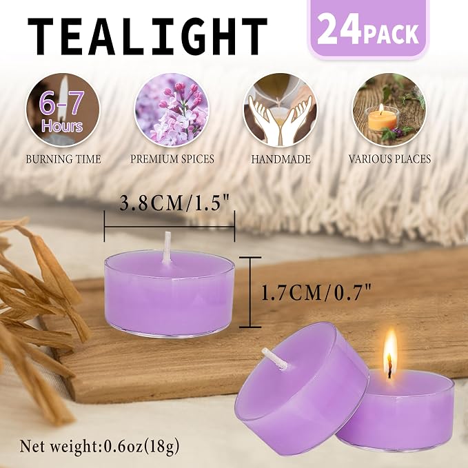 Lilac Scented Tealight Candles, Purple Scent Tea Lights Candles Clear Cup, 24 Pack Colored Tealights Candle, 6 Hour Burn Time Tea Candles for Party, Decor, Spa, Shabbat