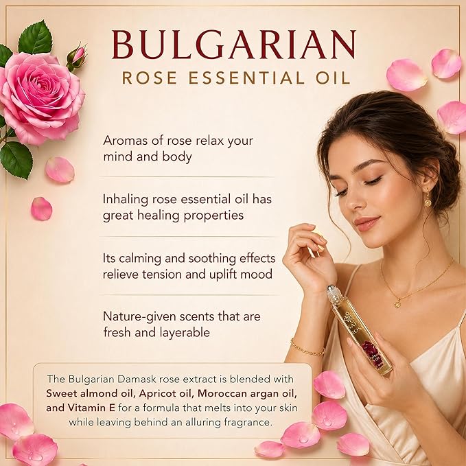SAFA Rosé Organic Rose Oil Perfume Roller | Bulgarian Damask & Indian Rose Petals | 10 mL Long Lasting Perfume Oil for Women & Men | Non-Toxic, Alcohol-Free & Travel Friendly