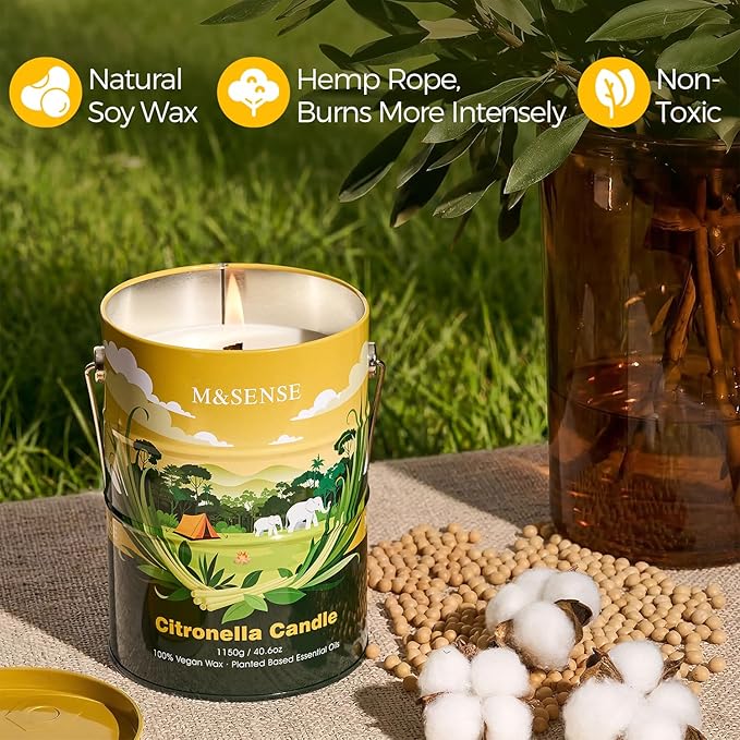 M&SENSE Peppermint Citronella Candles Outdoor – 220 Hour Burn, 40.6oz Extra Large, Natural Non-Toxic Soy Wax, Outdoor & Indoor Use for Patio, Camping, Home