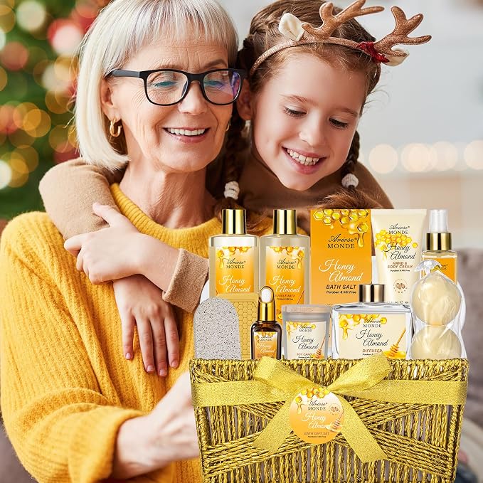 Bath & Body Gift Set, 15 Pcs Honey Almond Scented Bath Set, Home Spa Bath Gift Basket Pamper Gifts for Women Her Mom Friends Sister, Relaxing Spa Gift Baskets for Women Self Care Package