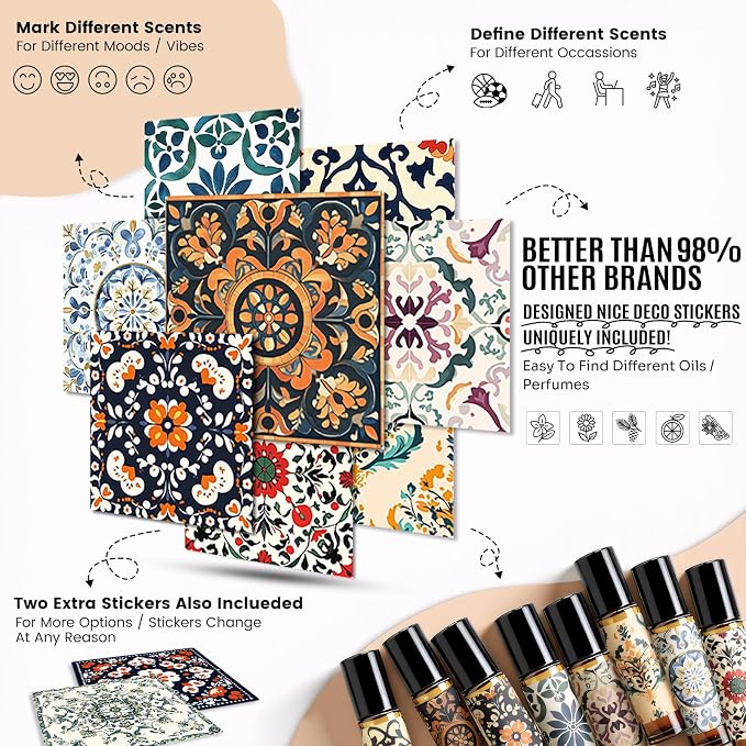 Roller Bottles for Essential Oils Roll On Bottles 8 Pack, 10ml Oil Roller Bottle Amber Thick Glass Empty with Oil Perfume Lip Gloss DIY Kits Boho Stickers Leak-Proof Refillable for Travel, Gift