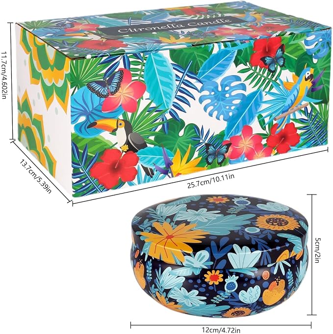 Tropical Printed Citronella Candles, Set of 4 x 13.5 oz Large Scented Candles with Natural Cotton Wicks - Made with Natural Soy Wax, for Home, Patio, Garden, Camping or as a Summer Housewarming Gift