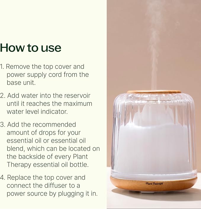 Plant Therapy Serenity Glass Diffuser, Elegant Glass Cover, Intermittent & Continuous Mist, Multiple Light Settings, Essential Oil Diffuser, 250 Square Feet Coverage
