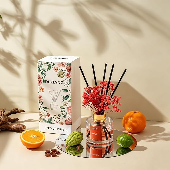 Reed Diffuser Set - 3.38 fl oz Sunset Premium Scented Oil with Preserved Baby's Breath & Cotton 6 Sticks | Long-Lasting Aromatherapy for Home, Bedroom, Bathroom, Office Home Decor