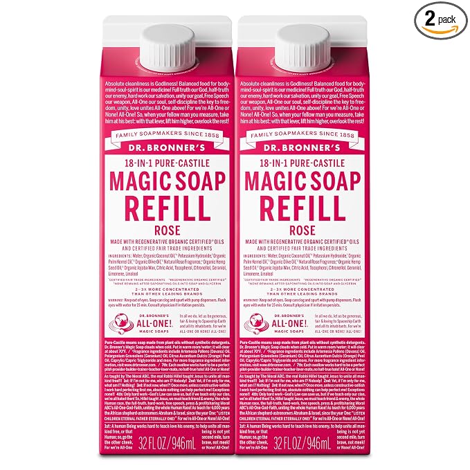 Dr. Bronner's Magic Soap-Pure-Castile Liquid Soap Refill (Rose 32 ounce, 2-Pack)-Regenerative Organic Certified Oils, For Body, Hair, Laundry, Pets & Dishes, Concentrated, Vegan, Non-GMO