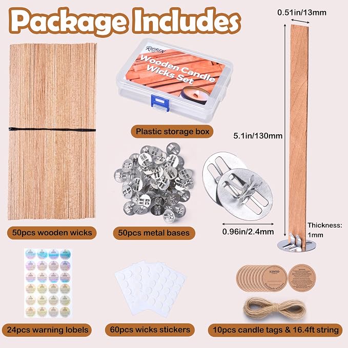 100pcs Thickened Wooden Candle Wicks Kit Include 50pcs 5.1 X 0.5 Inch Candle Making Wicks and 50pcs Metal Stand，Natural Smokeless Crackling Wood Wicks, DIY Candle Making Supplies for Beginners