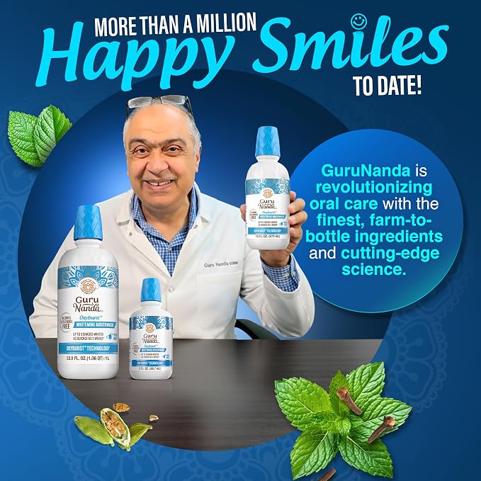 GuruNanda Whitening Mouthwash – Up to 3 Shades Whiter Teeth in 2 Weeks – Alcohol & Fluoride Free with Hydrogen Peroxide – Oxyburst Technology - Wild Mint, 16 oz (Pack of 3)