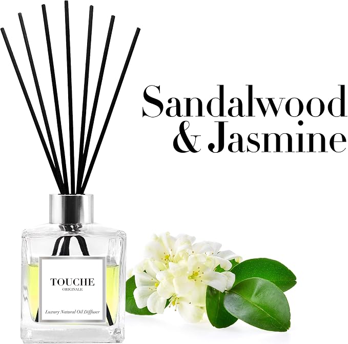 Touche Luxury Natural Reed Diffuser. Long Lasting Scented Home Fragrance. Natural Essential Oil Alcohol-Free. 4.75 OZ. Glass Bottle (Sandalwood & Jasmine - Clear Bottle)