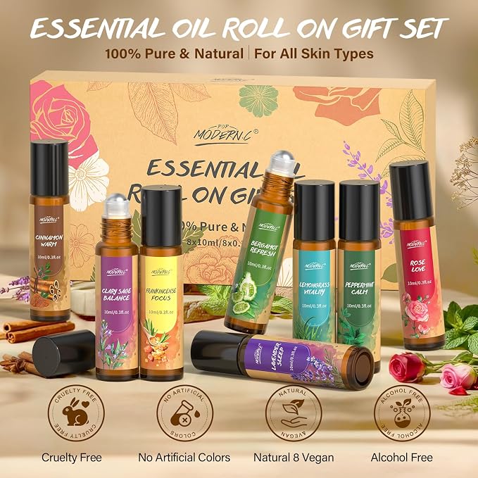 Essential Oils Roll On Set for Women 8pcs Essential Oil Roller for Skin Christmas Birthday Thanksgiving Mothers Day Gifts Lavender Frankincense Peppermint Bergamot Lemongrass Cinnamon Rose Clary Sage