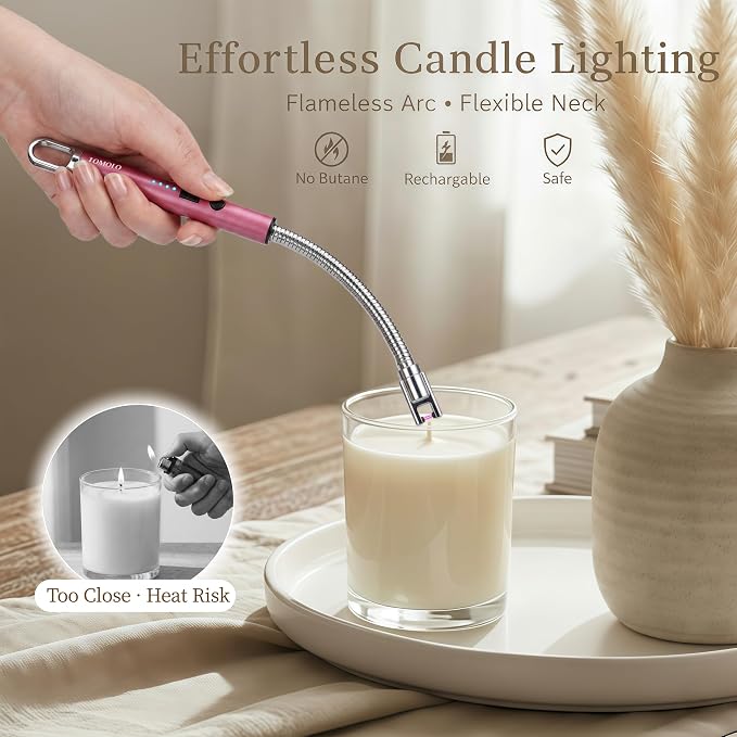 TOMOLO Electric Candle Lighter, Long Flexible Neck Lighter with Safety Switch, Windproof Plasma Flameless USB Rechargeable Lighters for Candles, Grill, Camping & Gas Stove, 2-Pack (Black & Rose Gold)