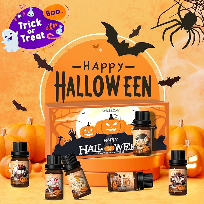 WUSEONY Halloween Fragrance Oils Set, Essential Oils for Diffusers Home, Scented Oils for Candle Soap Making - Pumpkin Pie, Caramel Apple, Chocolate Bars, Snickerdoodle, Caramel Corn, Witch's Brew