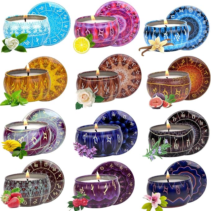 12 Constellations Scented Candles Gift Set 2.5oz Aromatherapy Candles Strong Fragrance Portable Travel Tin Jar Candles Gifts for Home Scented Decoration Birthday Valentine'sDay