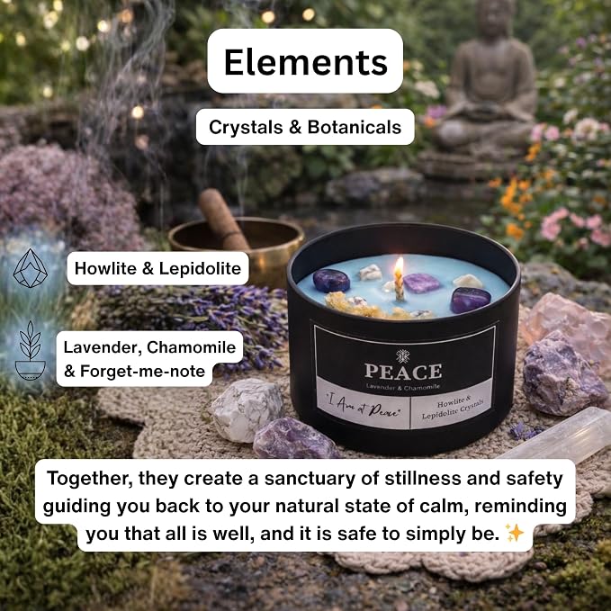 Peace Crystal Candle for Meditation and Room Decor, 8oz, Infused with Howlite & Lepidolite Crystals, Lavender & Chamomile Essential Oil Scented Candles, Non Toxic Soy Wax Blend for Stress Relief