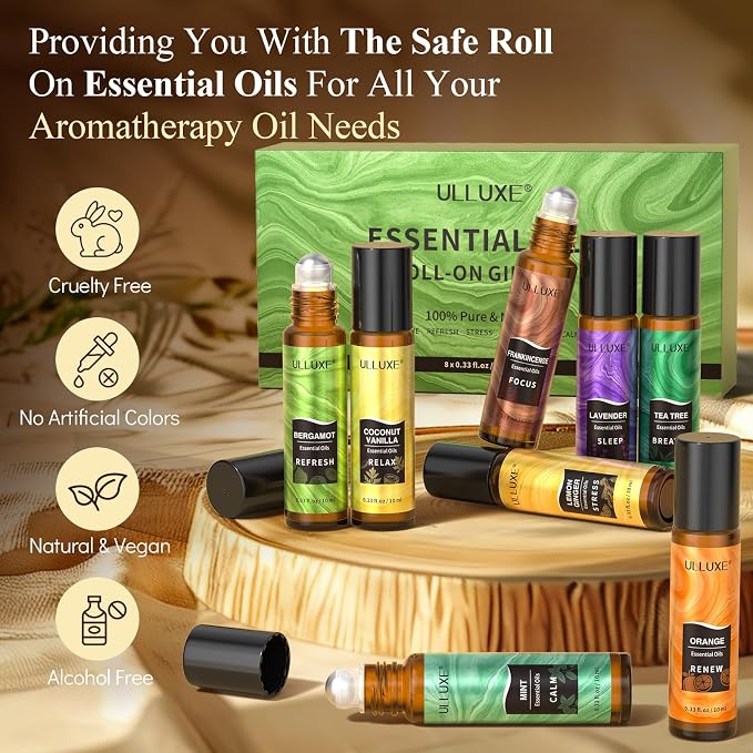 Essential Oils Roll On Set (Pack of 8) 8 Scent, Relaxing, Self Care Gifts for Women, Essential Oil Roller Set, Natural Aromatherapy Roll Oil Blends for Skin, Birthday Gifts for Wife, Mom & Girlfriend