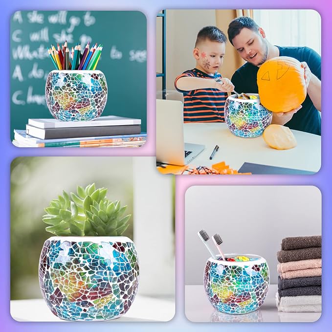 Scented Candle Holder Mosaic Glass Tea Light Holder,Handmade Romantic Glass Tealight Candle Holder for Aromatherapy,Party Décor(NO Candles),Also Used as Vase,Pen Holder,Potted Plants Bowl (Rainbow)