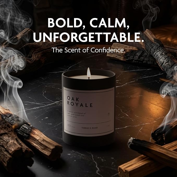 Thrive & Roar - Oak Royale Premium Scented Candle for Men – 7oz Long Lasting, Soy Wax Aromatherapy Candle for Home Scented, Masculine Aroma, Office Decor, Man Cave Decor, Men's Gift