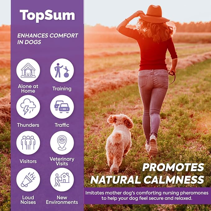 TopSum Calming Diffuser for Dog: Dog Pheromones Calming Diffuser Plug for Stress, Barking, Chewing, Pee Accidents & Separation Behaviors (Purple– 6 Refills)