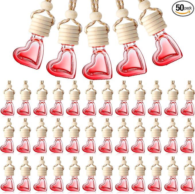 50 Pcs 6ml Hanging Car Diffuser Bottle Empty Glass Perfume Air Freshener Heart Love Container Diffuser Pendant Wedding Essential Oil Fragrance Aromatherapy Ornament (Red)