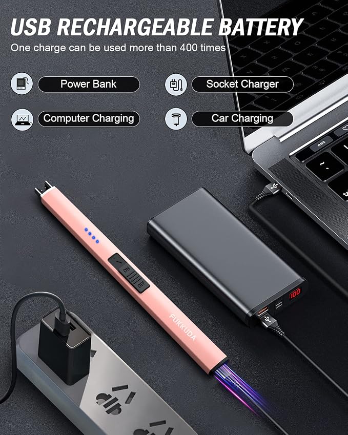 FUKKUDA Electric Candle Lighter with Gift Box - USB Rechargeable Windproof & Flameless Plasma Arc Lighter for Candles, Bohemia Box Rose Gold