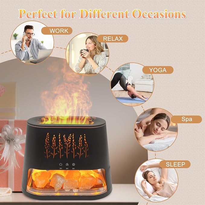 Fireplace Flame Diffuser & Himalayan Salt Lamp, 8 Colors Aromatherapy Diffuser Cool Mist Humidifier with Timer Auto Off Function for Home, Bedroom, Offie,Yoga