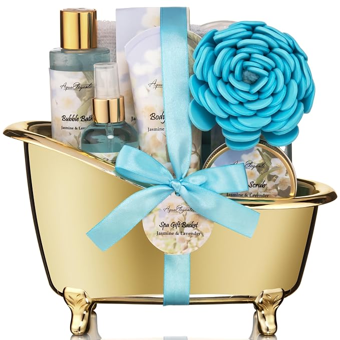 Aqua Elegante Spa Gift Basket - Luxury Bath Set with Body Wash, Bubble Bath, Lotion, Salts, Scrub, Spray, Shower Puff, Towel, Gifts for Women, Mom, Wife, Her - Jasmine & Lavender