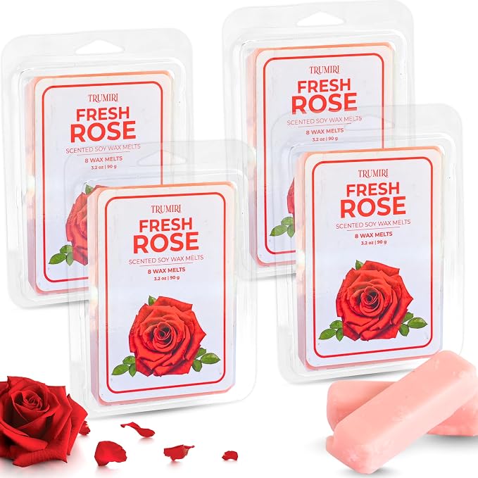 TRUMIRI Fresh Rose Scented Wax Melts - Made with Non Toxic Soy Wax and Essential Oils - Long Lasting Strong Scent Pet Safe Floral Candle Wax Cubes Tarts for Warmers Pack of 4