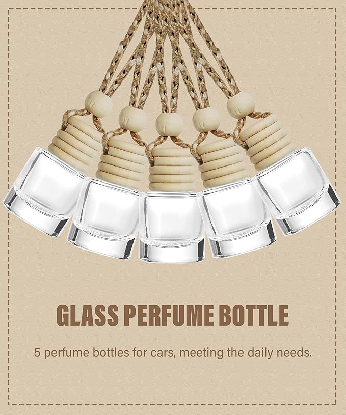 ESEWALAS 5PCs Hanging Car Air Freshener, Empty Glass Perfume Bottlespendant Bottle, Air Freshener Pendant