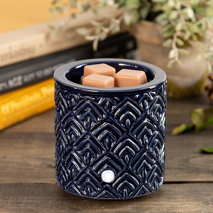 Blue Chevron Ceramic Candle Warmer Electric with Safety Timer | Automatic Plug in Fragrance Warmer for Scented Wax Melts, Cubes, Tarts | Air Freshener Set for Home Décor, Office, and Gifts