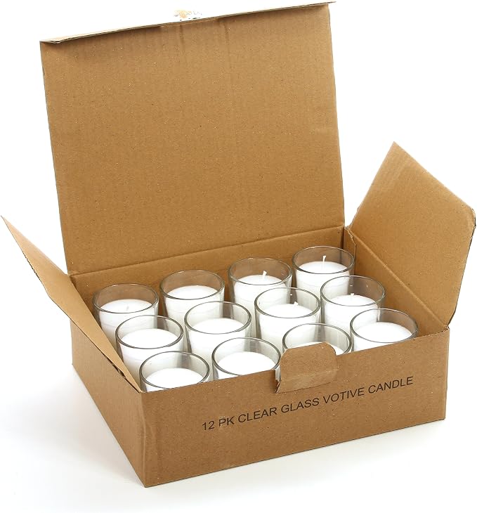 Hosley Set of 24 Unscented Clear Glass Filled Votive Candles. Hand Poured Wax Candle Ideal Gifts for Aromatherapy, Spa, Weddings, Birthdays, Holidays, Party.