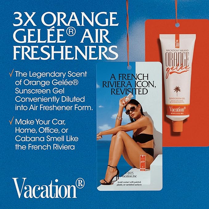 Vacation Car Air Freshener, Pack of 3 - Hanging Air Freshener for Car, Home and Office, Orange Gelée French Riviera Signature Scent, Long-Lasting Deodorizer