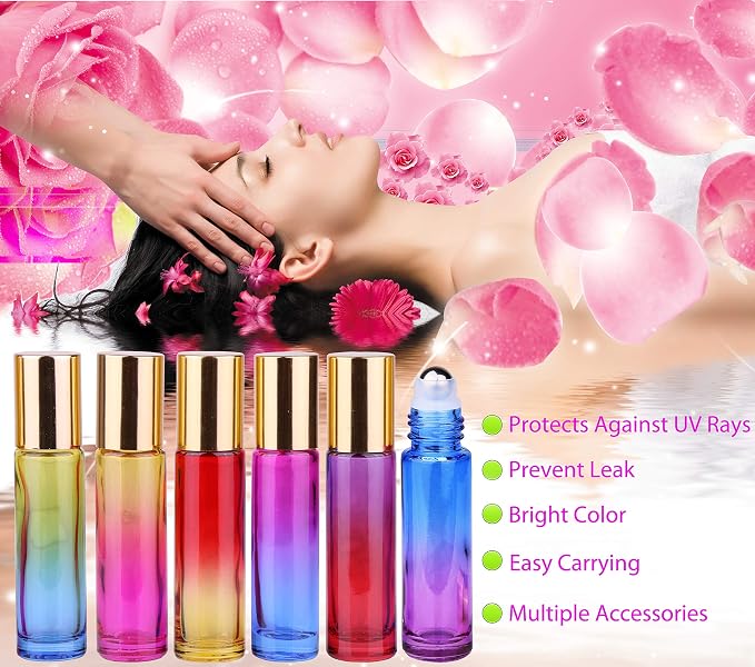 inice 24 10ml Essential Oils Roller Bottles Gradient Color Thick Glass Roll on Bottle Golden Metal Cap for Travel