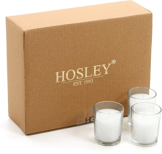 Hosley Set of 24 Unscented Clear Glass Filled Votive Candles. Hand Poured Wax Candle Ideal Gifts for Aromatherapy, Spa, Weddings, Birthdays, Holidays, Party.
