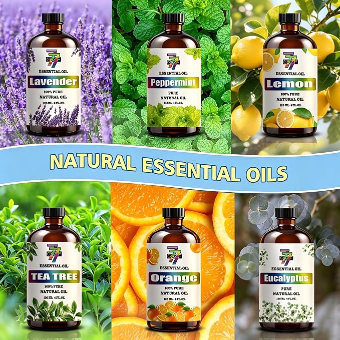Essential Oil Set – 6 * 4 oz (120 ml) – Lavender, Peppermint, Lemon, Sweet Orange, Tea Tree, Eucalyptus – for Diffuser, Home Fragrance, Cleaning, Yoga, DIY Soap, Candles, Gift – GV77ZF
