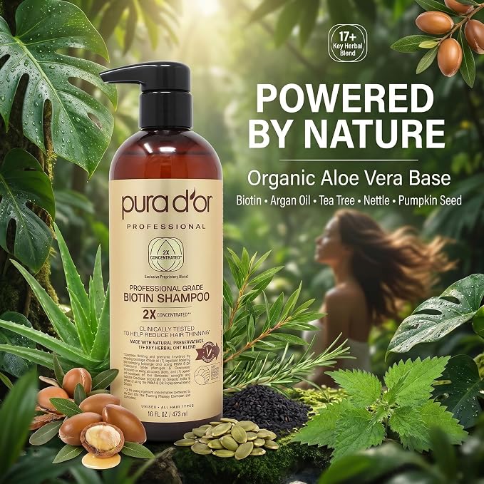 PURA D'OR Clinically Formulated Biotin Shampoo - Daily Hair Care Routine For Thinning Hair - 2X Concentrated 17+ Key Herbal Blend Hair Thickening Products For Women & Men, Botanical Zen Scent 16 Fl Oz