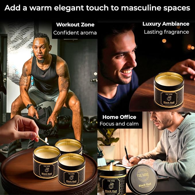 Black Oud Candle Highly Scented Soy Candel Natural Non Toxic Velas Aromáticas Gift for Men 5Oz Decorative Tin Jars with Lids Pack of 3