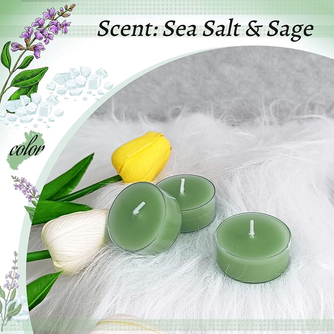 Sea Salt & Sage Scented Tealight Candles, Blue Scent Tea Lights Candles Clear Cup, 24 Pack Colored Tealights Candle, 6 Hour Burn Time Tea Candles for Party, Decor, Spa, Shabbat