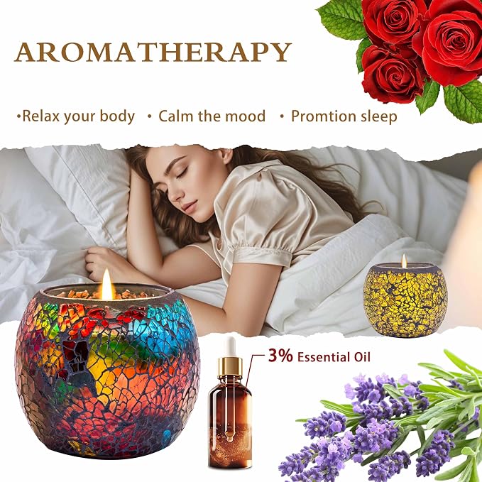 Mosaic Glass Scented Candles, Stress Relief Aromatherapy Candle for Home Scented, Vanilla Lavender Rose Coffee Soy Candles Gift Set for Women Birthday Friendship Relaxing Massage Yoga Bath SPA, 4 Pack