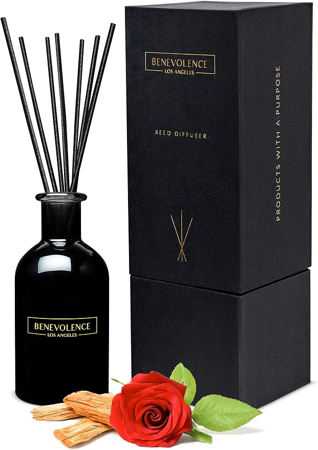 Benevolence LA Premium Rose & Sandalwood Reed Diffuser Set – Essential Oil Diffuser for Home & Bathroom – Up to 120-Day Fragrance with Rattan Sticks & Gift Box – Charcoal Glass Room Décor