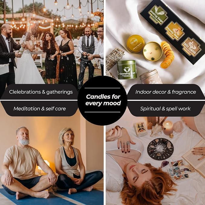 Cleansing Sage, Palo Santo, Money Wealth - Soy Candles Non Toxic - Highly Scented Long Lasting with Essential Oils - Variety Pack of 3 x 5oz - for Home Aromatherapy Meditation Gift Travel