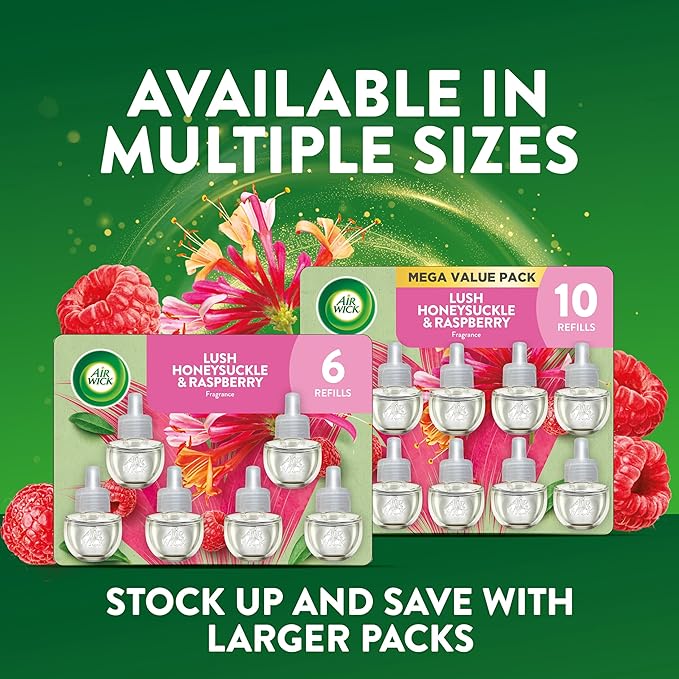 Air Wick Plug-In Scented Oil Refills, 6 Count, Lush Honeysuckle & Raspberry, Air Freshener, Essential Oils